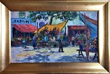 Tableau signé Riccy huile sur toile Marché aux fleurs - Voir descriptif