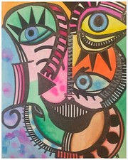 Peinture, tableau , style cubisme colorée, art moderne , visage abstrait , fluo