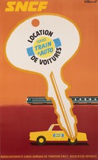 Original Vintage Poster, Villemot, French Railway, Car rental, Train, Key, 1971