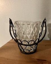 Seau à glace glaçons verre avec support fer forgé Vintage