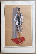 Gravure Pochoir Calque Art Déco Portrait Femme Mode Paris Couture Robe 1920s
