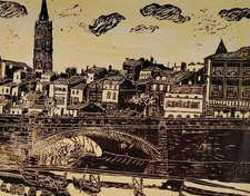 Belle Oeuvre Antoine BOGEY "la Dalbade À Toulouse" Linogravure Ou Lithographie 