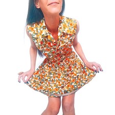 Robe chemise courte à motif graphique orange et vert | Vintage 70s