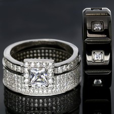 ENGAGEMENT RINGS 3 pc Wedding SET PREMIUM CZ 925 Sterling Silver Men's Titanium