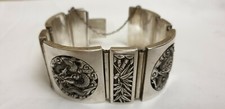 Bracelet, Argent , Large , 8 panneaux, décors dragon/ bambou, poinçons