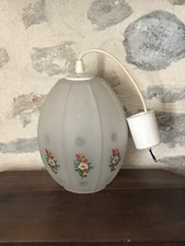 Magnifique suspension en verre dépoli et verre martelé, 8 pans, décor fleuri