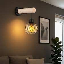 Applique Murale Lampe de Salon Couloir LED Verre Ambre Bois Bille Noir H 30cm