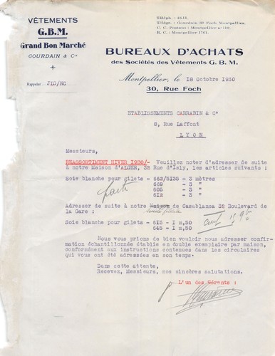 Facture 1930 vetements gbm - 1930, a