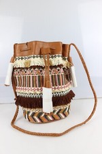 ANTIK BATIK Sac seau bohème cuir marron et perles Etat Neuf