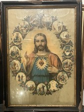 Estampe ancienne Sacré-Cœur de Jésus XIXe chromolithographie encadrée