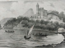 BRESIL RIO DE JANEIRO EGLISE GLORIA BATEAUX PECHE GRAVURE 1840 ARAGO VOYAGE A18