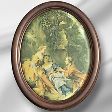 Vintage Oval Print On Silk Painting Florentine Wooden Frame Art, The Picnic