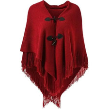 Cape Poncho Ouvert pour Femme avec Boutons en Corne – Élégant Rouge