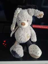 L1/ Peluche Doudou Lapin Gris Marron Blanc Rayé Coeur 30cm Tape À L'oeil TAO Tbe