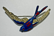 Bleu Rouge Émaillé Hirondelle Oiseau Faux-Diamants Broche Argent Ton Vintage