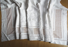 DRAP ANCIEN LIN , SUPERBES BRODERIES JOURS ,MONOGRAMME IF ,212 x 283