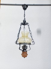 Lustre suspension lanterne verre jaune fer forgé bois chaînes