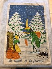 ANCIENNE TENTURE TOILE TAPISSERIE JEAN DE LA FONTAINE LA CIGALE ET LA FOURMI