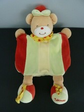 B- TAKINOU DOUDOU PLAT MARIONNETTE OURS ROUGE VERT BEIGE CLOWN COL POIS - TTBE