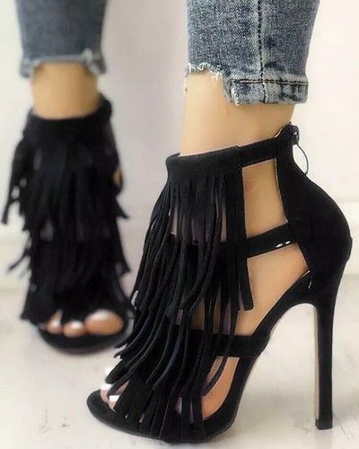 Sandales stiletto noir franges - stiletto,