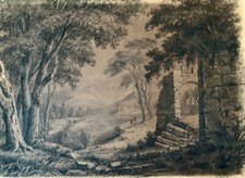 Dessin Ancien Sous Bois Ruines XIXEME Original Pencil Antique Drawing