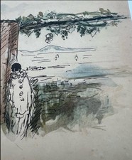 Pierre LAPRADE dessin original encre et aquarelle pour Chansons d'Arlequin