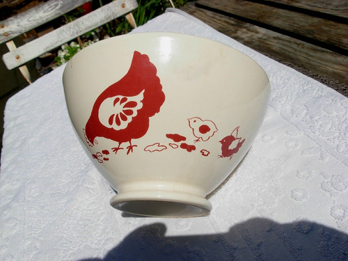 Grand bol ancien décor poule - bol,