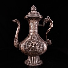 13 "Vieille dynastie cuivre argent lion bête visage modèle vin théière Flagon