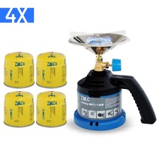 ZMC Réchaud De Camping Gazeux Avec Poignée Allume-Cigare + 4x Cartouches De Gaz