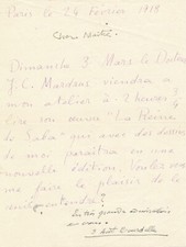 Antoine BOURDELLE lettre signée lecture atelier Mardrus Reine de Saba