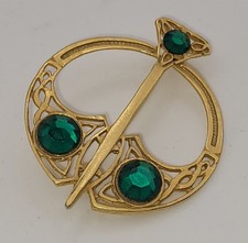 Bijoux Broche Celtique Vintage Métal Doré Pierre Vertes #BR1# K17
