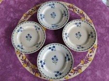 4 Assiettes Plates Porcelaine Opaque Gien Décor Floral Vert/Bleu 22,5cm Bleuets