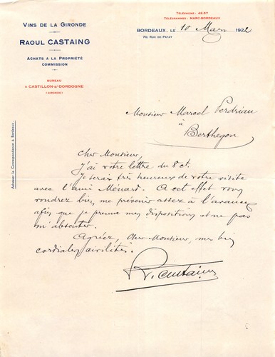 Facture 1922 vins de la - ,