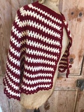 Vintage French Hand Made Crochet Red Wine & Cream Striped Shawl c1970s