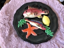 ASSIETTE EN BARBOTINE POISSON CRUSTACÉS Algue Étoile De Mer Années 60