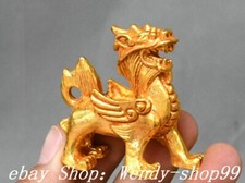 2" Old Chinese Dynasty Bronze Gilt Feng Shui Dragon Wing Beast Animal Statue