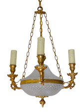 1950 Vintage French 3 Arms Ormolu Bronze Cut Crystal Chandelier Ceiling Empire