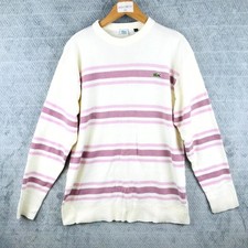 Lacoste Pull Femme L Blanc Rose Rayé Col Rond Logo Crocodile Tricot Léger