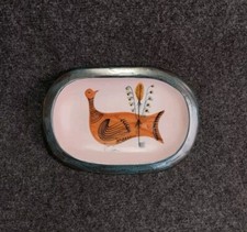 Belle Céramique Signée Yvon Roy Décor Oiseau Stylisé Rupestre Vintage 50-60