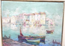 Tableau Huile Paysage Marin Bateaux Impressionniste XXème