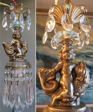 1 Cherub serpent SWAG Lamp Chandelier brass fish Vintage beaded Blue glass 