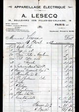 PARIS (XI°) FOURNITURES pour ELECTRICIEN / APPAREILLAGE ELECTRIQUE "LESECQ" 1923