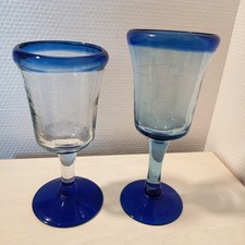 2 ANCIEN VERRE À PIED VERRE SOUFFLÉ BLEU XIXÈ COBALT MEXICAIN BIOT