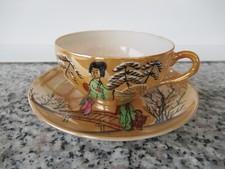 TASSE THE NOIR THE VERT  Porcelaine JAPONAISE GEISCHA VERTE FOND NACRE ORANGE