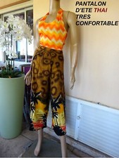 PANTALON THAI D ETE  FLUIDE A NOUER ORANGE IMPRIME +TOP JAUNE TL/XL NEUF