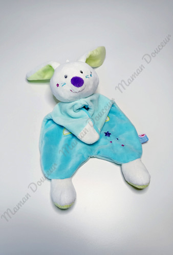 Doudou plat lapin bleu blanc - lapin,