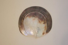 Coquille D'huître Perlière en nacre gravée palmiers Tahiti 17 x 17 cm environ