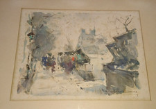 ANCIENNE BELLE PEINTURE SCENE DE PARIS MARCHAND de FLEURS 1950 AQUARELLE signé