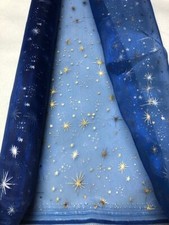 Tissu BLEU Organza ETOILES NOEL au mètre chemin de table OR ARGENT déco 150 cm