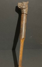 Baton sculpté tête de chien outil ancien sculpture bois & sulfure animal XIXème